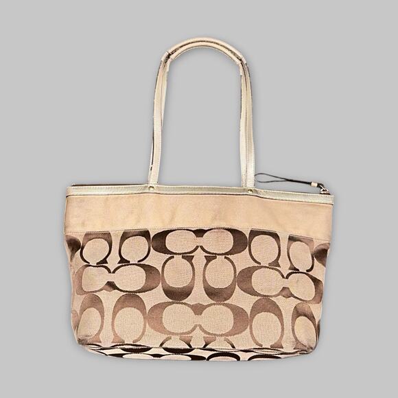 Coach Signature Jacquard Beige & Brown Tote Bag - Picture 2 of 6